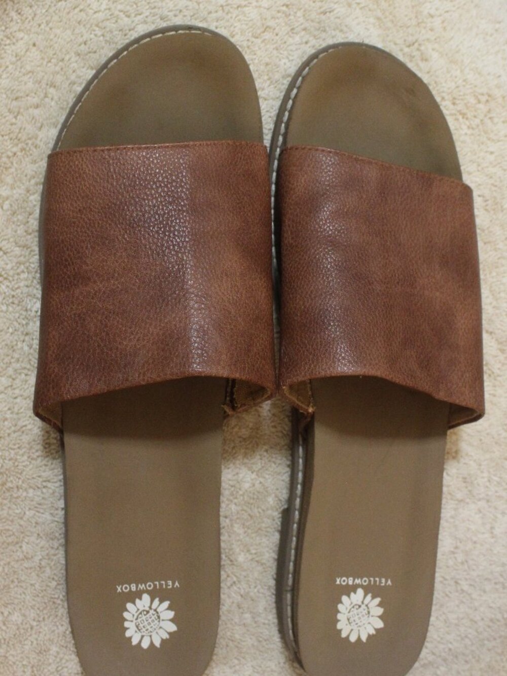 Yellow Box Cognac Wide-Strap Slide Sandals